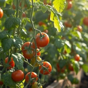 Healthy tomato plants loaded with ripe red tomatoes growing in a garden after fertilizing.
