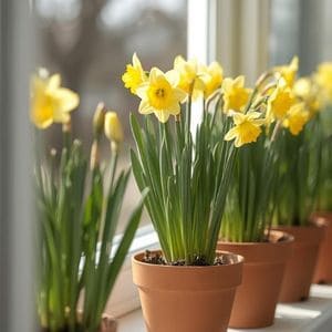 Bright yellow daffodils blooming in a blue ceramic pot on a sunny porch.