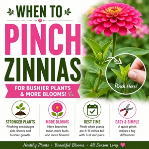 Want fuller zinnia plants covered in blooms? Learn when to pinch zinnias and exactly where to pinch for stronger stems, more branching, and nonstop flowers all summer long. This easy guide is perfect for cottage gardens, cut flower gardens, pollinator gardens, and beginner flower gardeners.