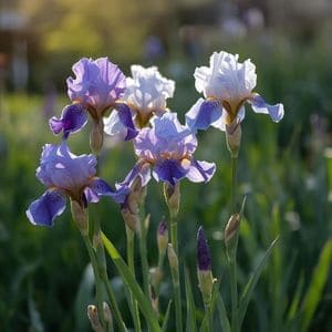 Irises growing in a shady spot under a large tree with very few flower stalks visible.
