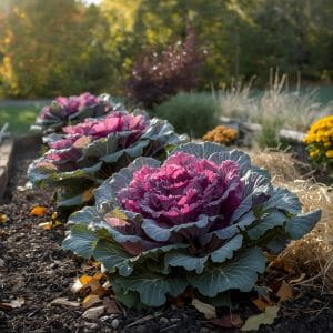 Ornamental cabbage with vibrant purple and green leaves in a fall garden