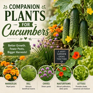 Want bigger cucumber harvests with fewer pests? Discover the best companion plants for cucumbers, including marigolds, dill, nasturtiums, chives, and lettuce. These garden favorites help attract pollinators, repel pests, and keep your cucumber plants thriving all season long.