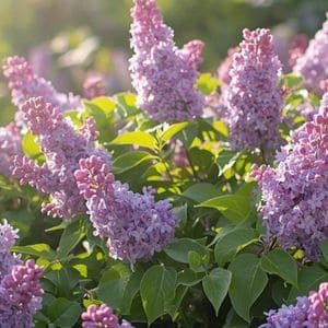 A close-up of garden shears cutting off a brown, faded lilac flower cluster just above the first set of green leaves.