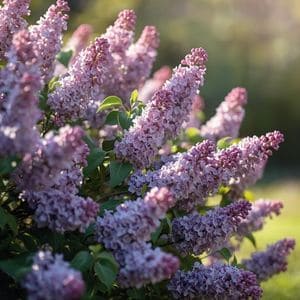 A wilting lilac shrub with browning leaves in a backyard garden.