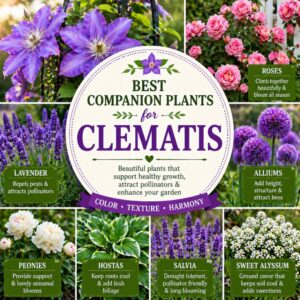 Help clematis thrive with the best companion plants like roses, lavender, hostas, peonies, salvia, sweet alyssum, columbines, and ferns. These plants add color, support pollinators, and keep roots cool.