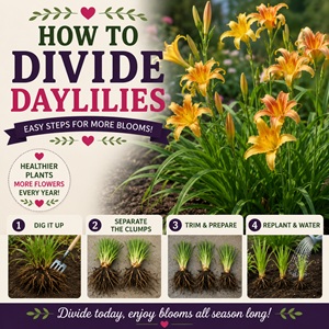 Learn how to divide overcrowded daylilies to keep your plants healthy, vigorous, and blooming beautifully. This simple garden task helps rejuvenate mature plants and gives you free flowers for other areas of your garden. Perfect for cottage garden flowers and perennial borders.