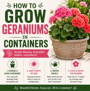 Learn how to grow geraniums in containers with simple steps for bright, long-lasting blooms. Perfect for patios, porches, and small spaces.