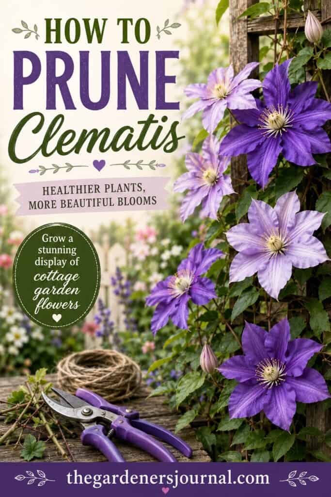 Learn how to prune clematis the right way for healthier vines and more beautiful blooms. This easy gardening guide explains when and how to prune different clematis varieties and is perfect for gardeners growing cottage garden flowers and climbing flowering vines.